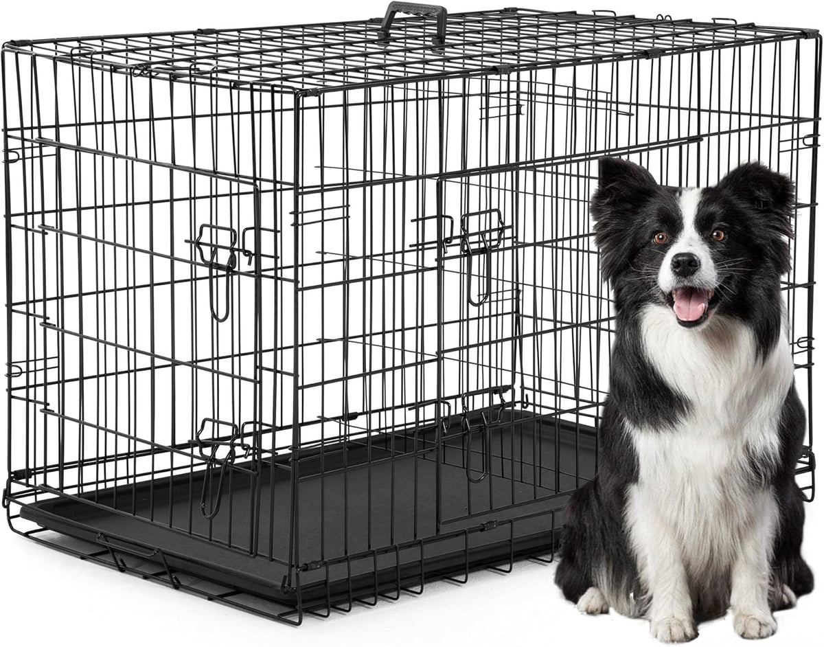 XL Dog Crate Dog Kennel Cage with Double Door,42 Inch Folding Metal Wire Dog Cage with Removable Tray&Divider Panel,Pet Crate for Medium Large Dogs,Black