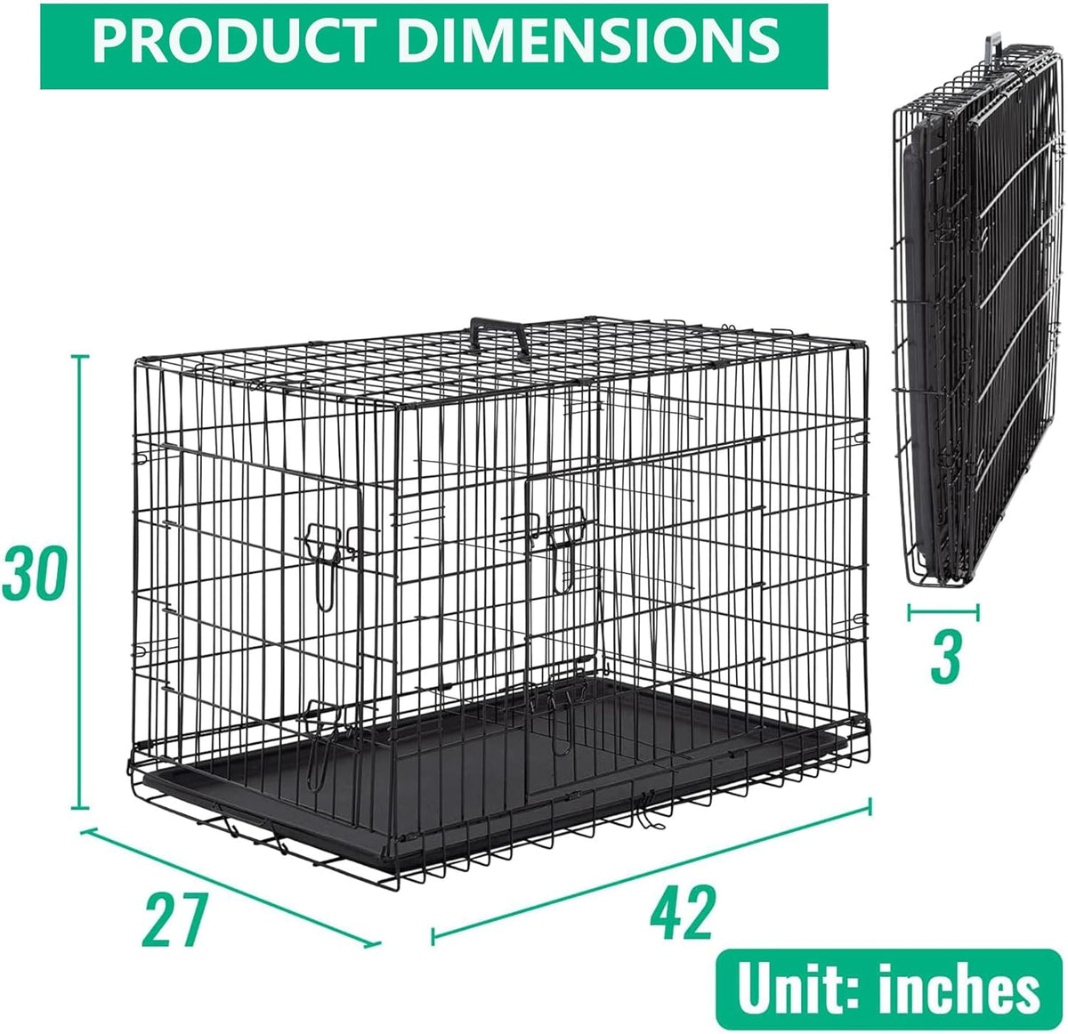 XL Dog Crate Dog Kennel Cage with Double Door,42 Inch Folding Metal Wire Dog Cage with Removable Tray&Divider Panel,Pet Crate for Medium Large Dogs,Black