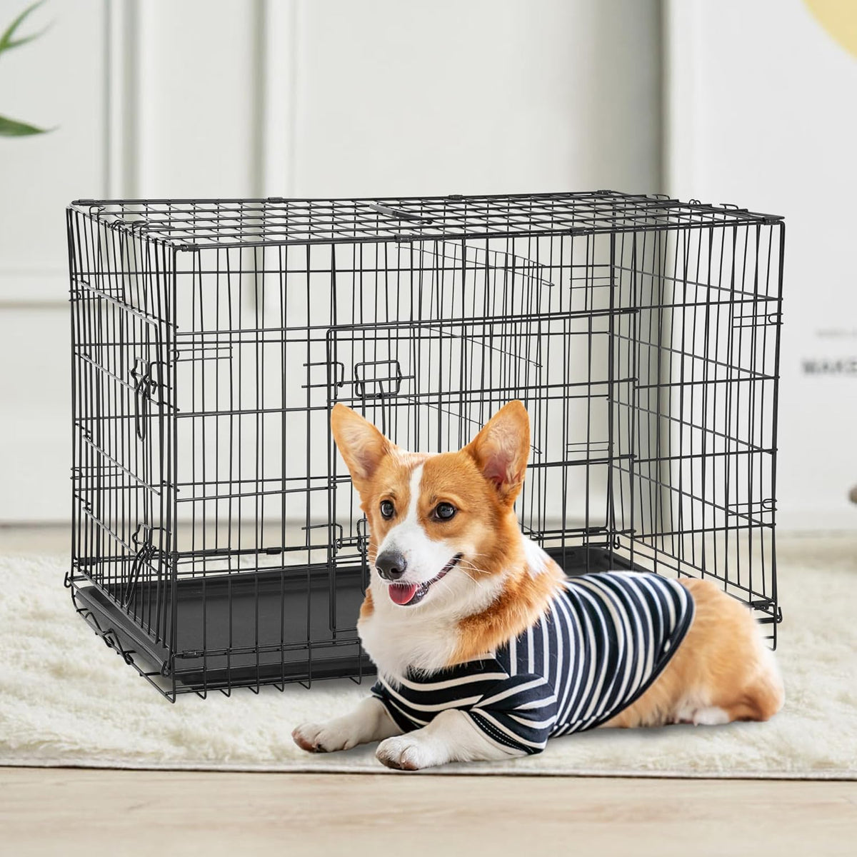 XL Dog Crate Dog Kennel Cage with Double Door,42 Inch Folding Metal Wire Dog Cage with Removable Tray&Divider Panel,Pet Crate for Medium Large Dogs,Black