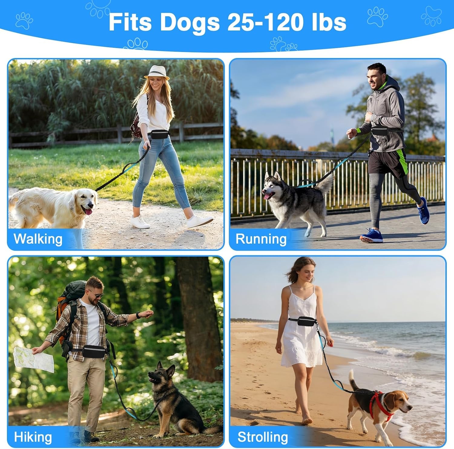 Hands-Free Dog Leash, Large (25-120 Lbs), Black | Zippered Storage Pouch, Double Padded Handles, Heavy-Duty Bungee Cord, Ideal for Walking, Jogging & Running